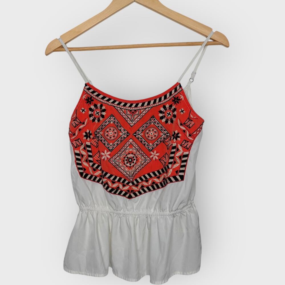 Abercrombie & Fitch Embroidered Peplum Tank Top | XS White Red Geo Print Boho